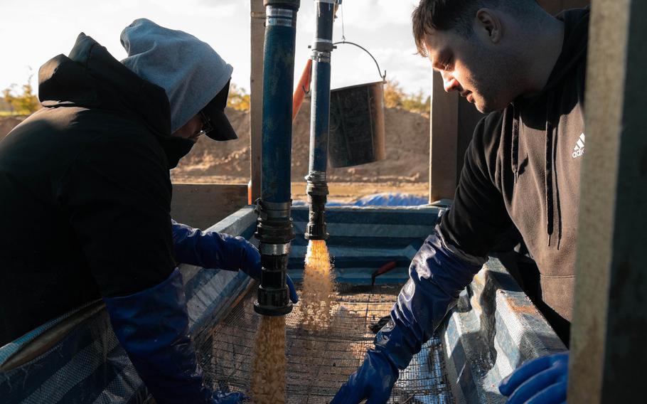 Air Force Staff Sgt. Adriel Pineda, with the 86th Medical Squadron, left, and Army Sgt. Kyle Spinner, with the 589th Brigade Support Battalion, 41st Field Artillery Brigade, sift through clay at an excavation site in Wistedt, Germany, Oct. 30, 2023.