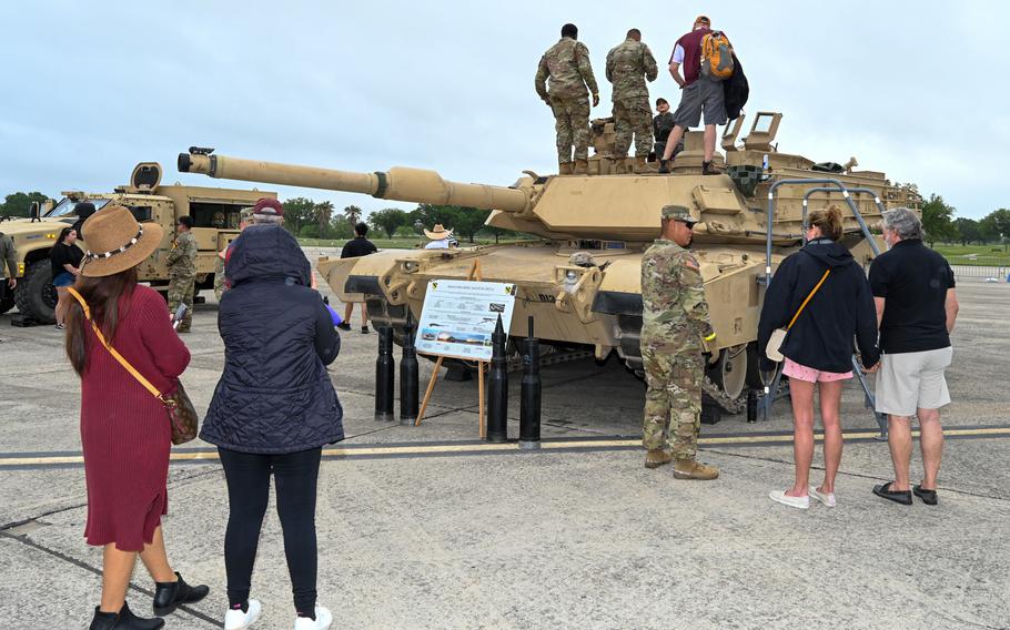 An Abrams M1A2 tank is on display at The Great Texas Airshow, Saturday, April 6, 2024, at Joint Base San Antonio-Randolph, Texas. 