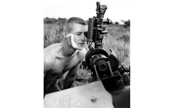 South Vietnam, July, 1965:  A fire mission caught Sgt. Homer Charnock of Bravo Battery, 319th Artillery, in the middle of shaving, so he dropped his razor and rushed into position to man his gunsight.

Check our Stars and Stripes' Vietnam at 50 - 1965 special here [add link]

METATAGS: Pacific; Vietnam War; war; conflict;artillery; grooming; shaving; Vietnam at 50