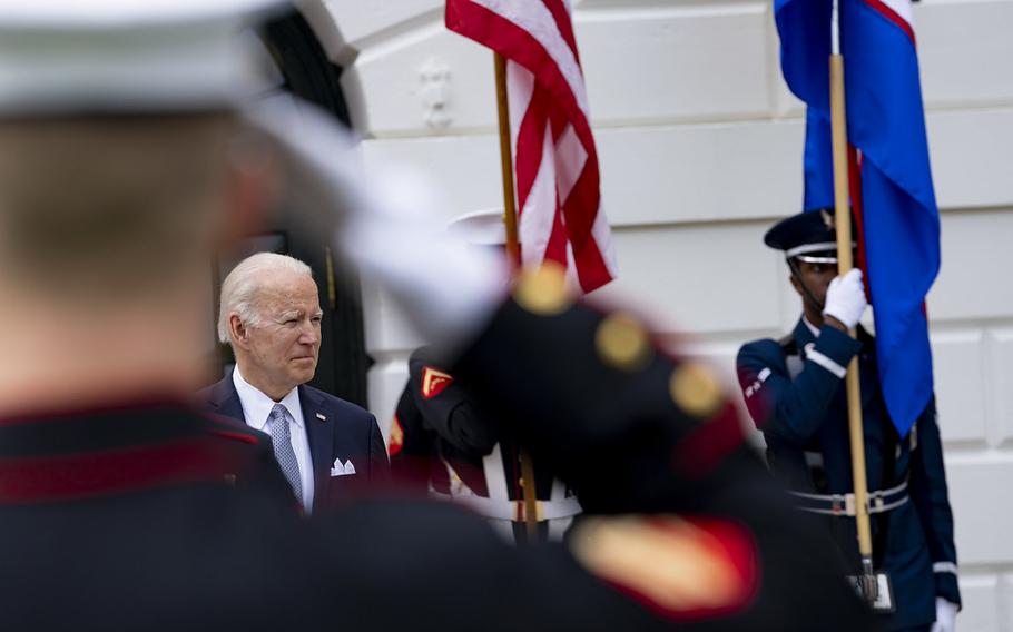 President Joe Biden welcomes international leaders on the south lawn of the White House, May 12, 2022. Biden is expected to announce a U.S. troop increase in Poland and the possible basing of more warships in Spain during this week’s NATO summit in Madrid. 