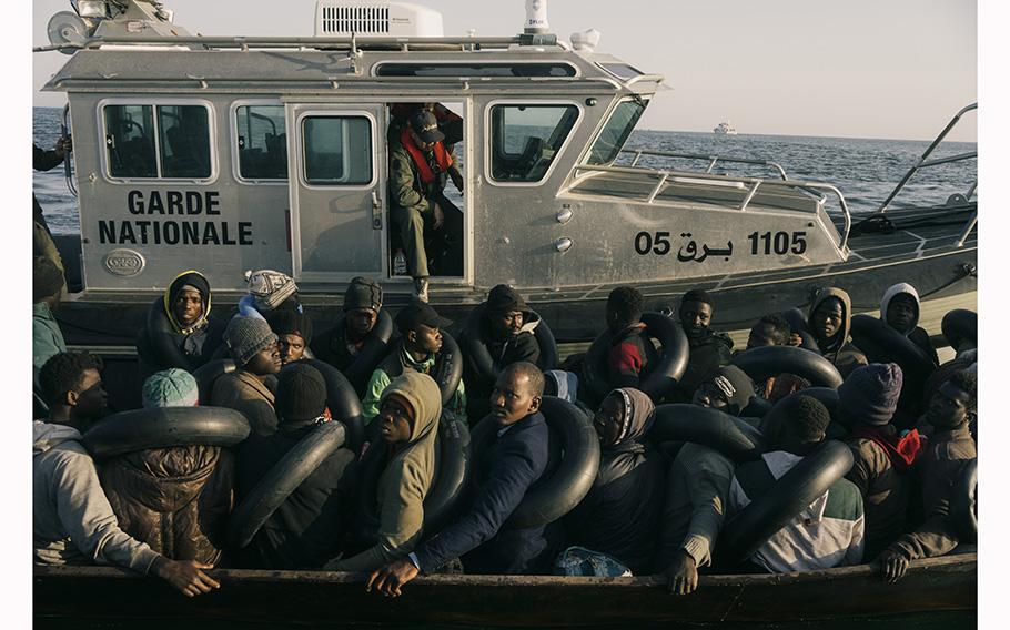 The Tunisian coast guard intercepts a boat of migrants near Sfax, Tunisia, on May 27, 2023. 