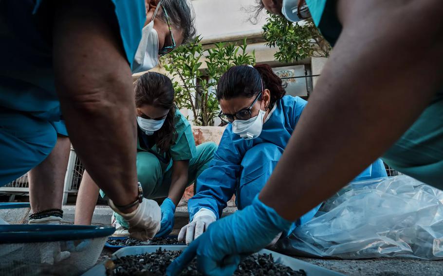 Tal Simmons, from left, Sarah Borgel, 33, Helena Gondra, 32, and Ariana Dann, 31, sift through a bag of ashes looking for human remains.