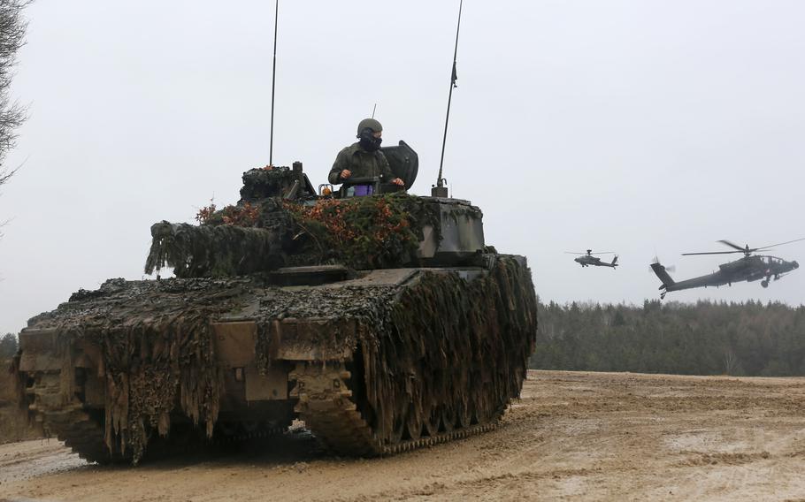 A Dutch CV90 infantry fighting vehicle awaits movement during maneuvers at the Hohenfels Training Area in Hohenfels, Germany, in 2020. A Dutch officer was killed Tuesday, March 12, 2024, during a NATO exercise at Hohenfels, the Dutch Defense Ministry said in a statement.