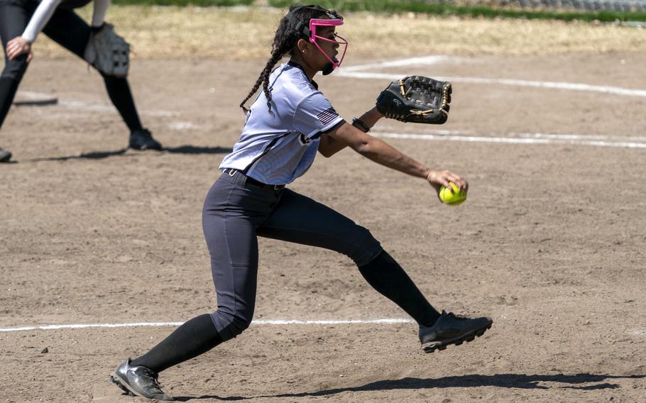 Zama's Kalease Brown gets set to deliver during Saturday's DODEA-Japan softball game. The Eagles won all three games over the weekend against the Trojans.