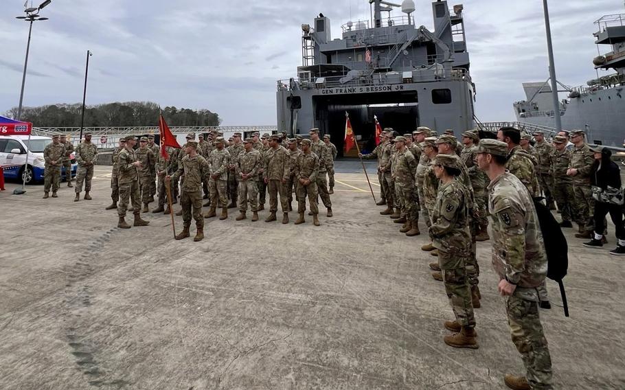 USAV General Frank S. Besson, an Army logistics ship, prepares to depart Joint Base Langley-Eustis, Va., March 9, 2024, en route to the eastern Mediterranean, less than 36 hours after President Joe Biden announced the U.S. would provide humanitarian assistance to Gaza by sea. 