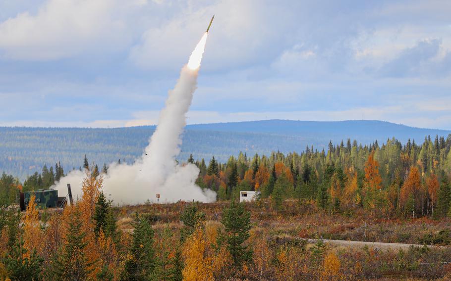 An Army M142 High Mobility Artillery Rocket System fires a rocket at Vidsel Test Range, Sweden, on Sept. 27, 2022.