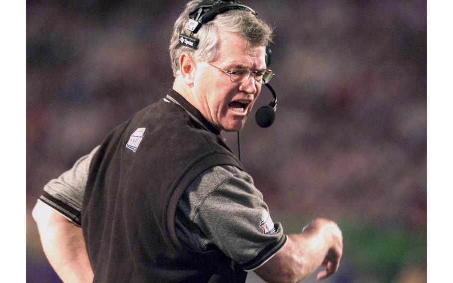 Atlanta head coach Dan Reeves, formerly the head coach of the Denver Broncos, reacts to a call by the referees in the first half of  Super Bowl XXXIII, at Pro Player stadium in Miami, Fla., on Jan. 31, 1999. Atlanta lost to Denver 34-19. According to reports on Saturday, Jan. 1, 2022, Reeves has died. He was 77.