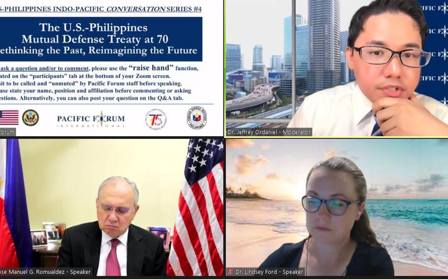 Philippine Ambassador to the United States Jose Manuel Romualdez and Lindsey Ford, the U.S. deputy assistant secretary of defense for South and Southeast Asia, discuss the allies’ 70-year-old Mutual Defense Treaty with the Pacific Forum’s Jeffrey Ordaniel, Thursday, Sept. 23, 2021. 