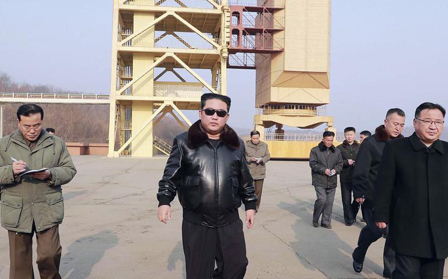 North Korean leader Kim Jong Un visits the Sohae Satellite Launching Ground in Tongchang-ri, North Korea, in this image issued by the state-run Korean Central News Agency, March 11, 2022.