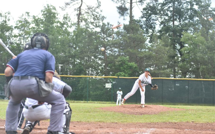 Naples' Ella Grace delivers during the DODEA European Division II/III championship game against Spangdahlem. The Wildcat senior didn't walk a batter and left the mound with her team leading 10-0 on Friday, May 24, 2024 at Ramstein Air Base, Germany.