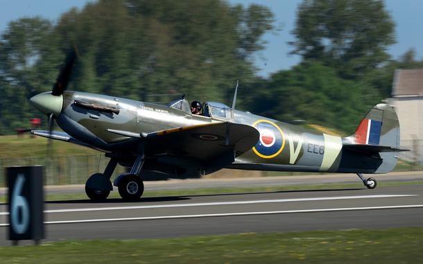 A vintage British Supermarine Spitfire arrives at Royal Air Force Lakenheath, England May 7. The aircraft was a guest of the 492nd Fighter Squadron for a heritage day fund raising event. (U.S. Air Force photo/Tech. Sgt. Matthew Plew)