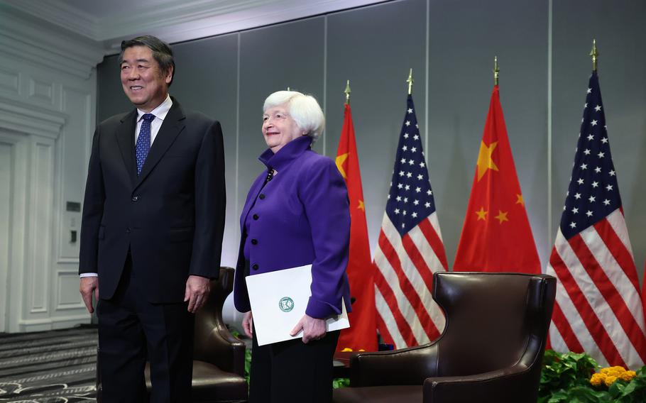 U.S. Secretary of the Treasury Janet Yellen, right, greets People’s Republic of China Vice Premier He Lifeng at the start of a bilateral meeting at the Ritz Carlton Hotel on Nov. 10, 2023, in San Francisco.