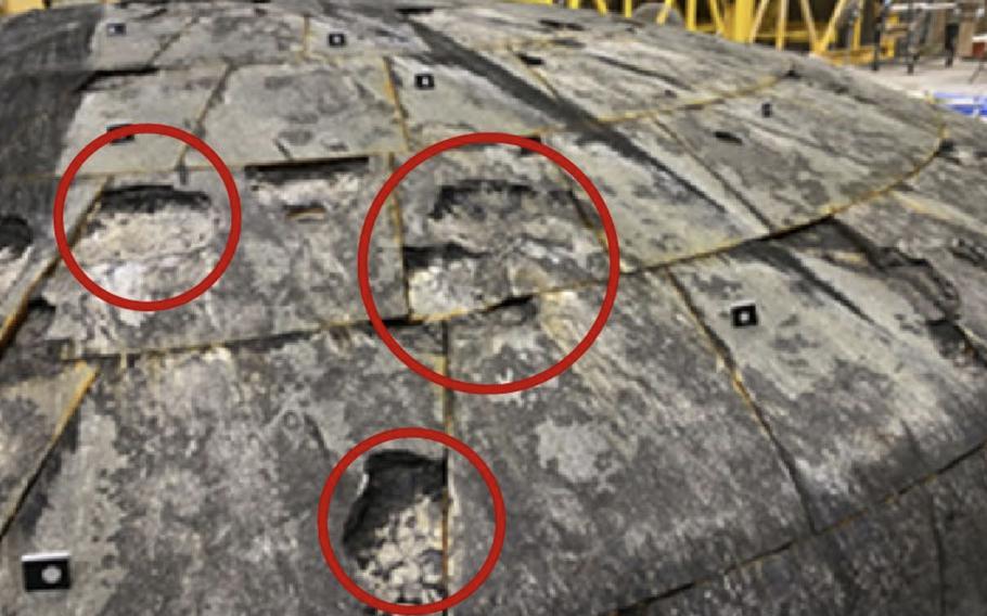 NASA’s inspector general included this photograph of the damage to Orion’s heat shield in its report on the spacecraft’s 2022 test flight.