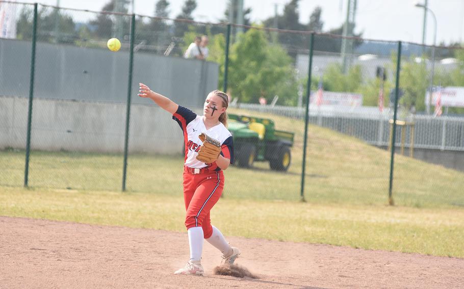 Lakenheath shortstop Lily Christensen throws to first Wednesday, May 21, 2025, on the opening day of the DODEA-Europe Division I softball championships at Kaiserslautern, Germany.