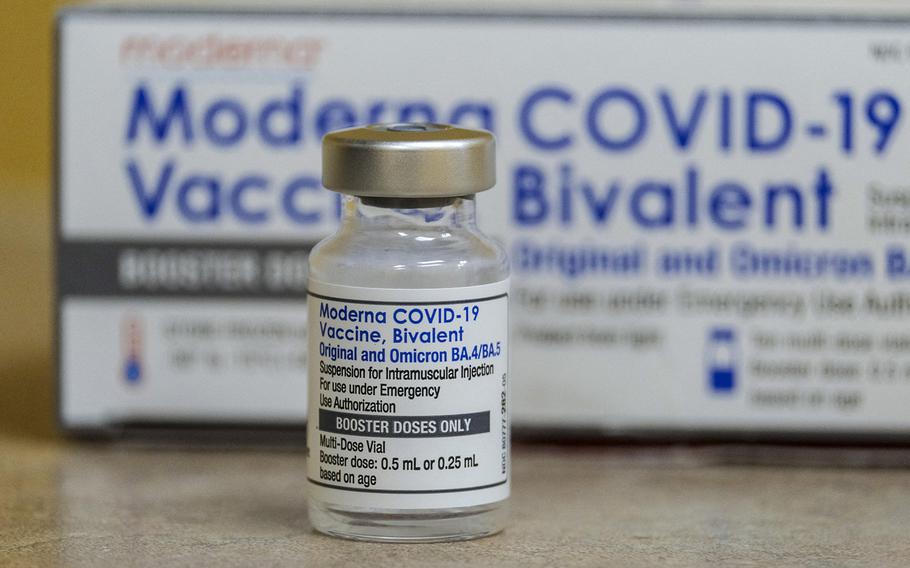 This photo shows a vial of the Moderna COVID-19 bivalent vaccine at AltaMed Medical clinic in Los Angeles on Oct. 6, 2022. 