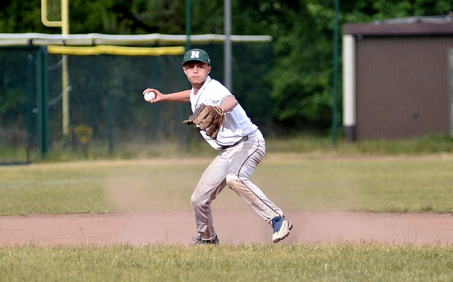 Naples shortstop Jayden Ferguson throws the ball to first base during the Division II/III final against Vicenza at the 2025 DODEA European baseball championships on May 23, 2025, at Southside Fitness Center on Ramstein Air Base, Germany.