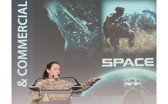 Space Force Brig. Gen. Kristin Panzenhagen gives the keynote speech at the Space Mobility Conference at the Orange County Convention Center on Tuesday, Jan. 30, 2024. (Richard Tribou/Orlando Sentinel)
