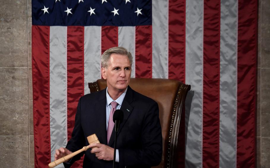 Newly elected Speaker of the U.S. House of Representatives Kevin McCarthy holds the gavel after he was elected on the 15th ballot at the U.S. Capitol in Washington, D.C, on Jan. 7, 2023.