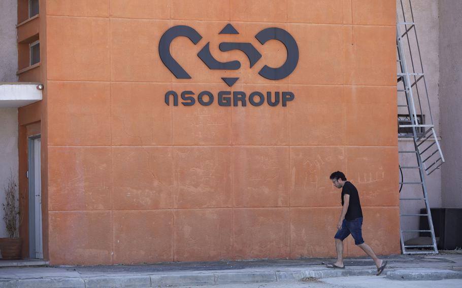 A logo adorns a wall on a branch of the Israeli NSO Group company, near the southern Israeli town of Sapir, Aug. 24, 2021. The Palestinian Foreign Ministry on Thursday, Nov. 11, 2021, said it has detected spyware developed by the Israeli hacker-for-hire company NSO Group on the phones of three senior officials and accused Israel of using the military-grade Pegasus software to eavesdrop on them. 