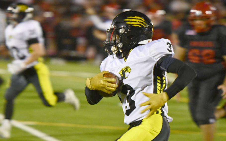 Stuttgar's Vincent Allen carries the ball during the Panthers' 53-12 victory over the Kaiserslautern Raiders at Kaiserslautern, Friday, Oct. 15, 2021. Allen rushed for 75 yards on six carries, scoring once.