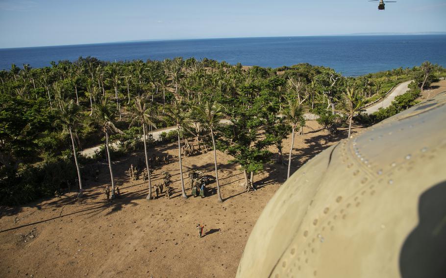 CH-47F Chinooks approach a landing zone to pick up 25th Infantry Division soldiers during air-assault practice in Batanes, Philippines, May 5, 2024.