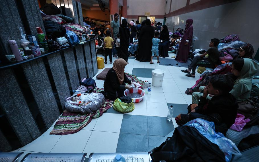 Displaced Palestinian families inside Nasser Medical Hospital in the city of Khan Younis in the southern Gaza Strip on Nov. 6, 2023.