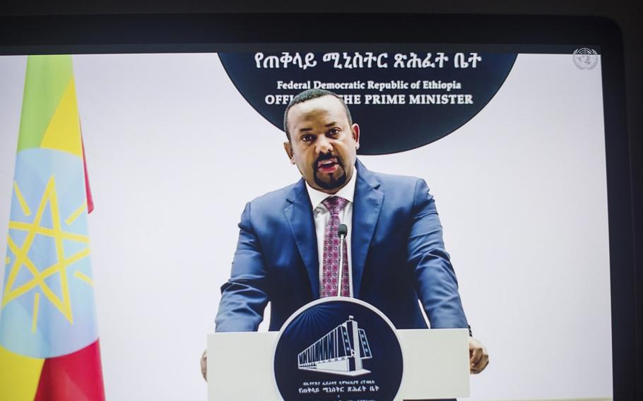 Abiy Ahmed, Ethiopia’s prime minister, speaks during the United Nations General Assembly on Sept. 25, 2020. 