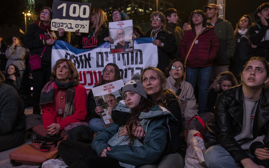Israelis in Tel Aviv mark 100 days on Jan. 13, 2024, since hostages were taken captive in the Oct. 7 attack.