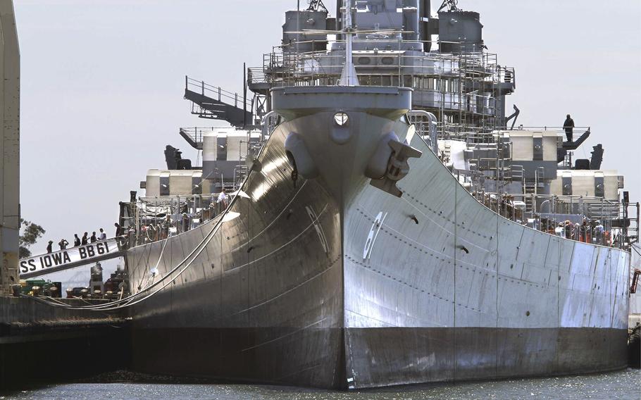 Visitors board the U.S.S. Iowa at the Port of Richmond, California, on May 12, 2012. The WWII battleship is now one of the five top tourist attractions in the Port of Los Angeles region where it has been homeported for the past decade.
