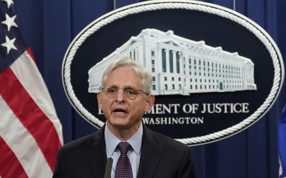 Merrick Garland, U.S. attorney general, speaks during a news conference at the Department of Justice in Washington on Nov. 8, 2021. MUST CREDIT: Bloomberg photo by Ting Shen.