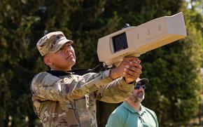Spc. Edgar Galvan, a Texas Army National Guardsman assigned to the 1st Cavalry Division, operates a Dronebuster in Boleslawiec, Poland, on May 15, 2024. 