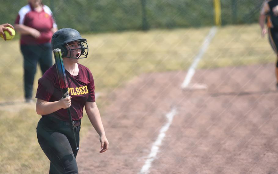 Vilseck’s Emma Kolmerten reacts to being called out on strikes during a first-round game against Stuttgart in the DODEA-Europe softball tournament on Thursday, May 19, 2022, at Ramstein Air Base, Germany. Vilseck went on to win, 5-0.