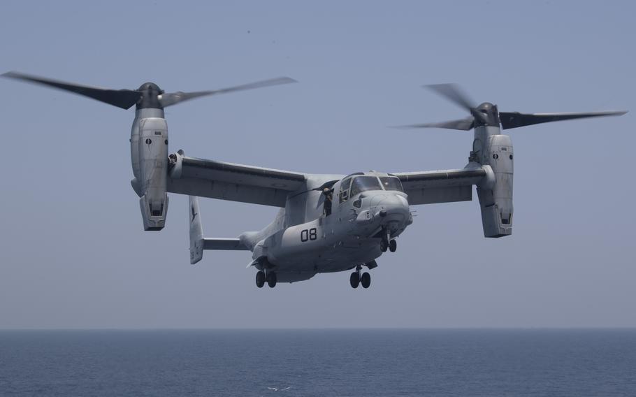 Marine Corps Osprey in June 2023 preparing to embark the USS New York, a San Antonio-class amphibious transportation dock ship.