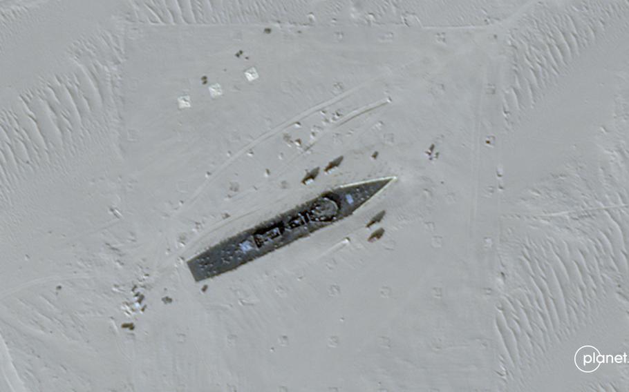 Planet Labs captured photos of China's new mock targets on Jan. 1, 2023. This one appears to be a mock-up of a guided-missile destroyer.