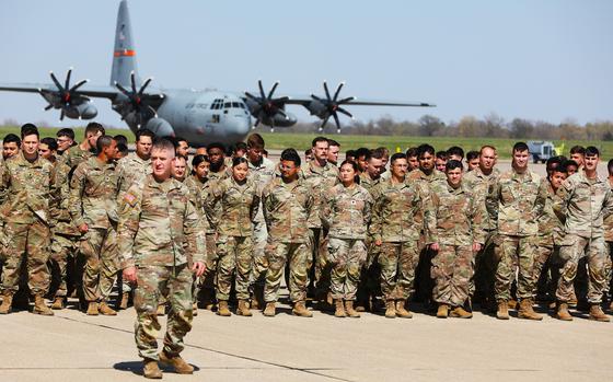 1st Battalion, 178th Infantry Regiment Command Sgt. Maj. Daniel Butte stands in front of the formation as Illinois Army National Guard Soldiers prepare to re-unite with their families at the Illinois Air National Guard's 182nd Airlift Wing in Peoria, Illinois, after returning home from deployment April 12, 2025. Some 550 Soldiers with the 1st Battalion, 178th Infantry Regiment and Company B, 766th Brigade Engineer Battalion deployed in June 2024 for Operation Spartan Shield to strengthen defense relationships and build partner capacity in Southwest Asia.