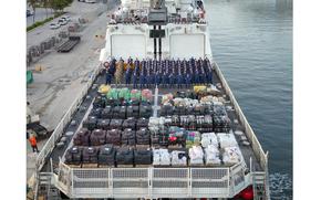 The U.S. Coast Guard Cutter Hamilton offloads more than 76,140 lbs of illicit narcotics at Port Everglades, Florida, on August 25, 2025. This is the largest cocaine offload to date in Coast Guard history, with the assistance of partner agencies, during counterdrug operations in the Eastern Pacific Ocean and Caribbean Sea. (U.S. Coast Guard courtesy photo)
