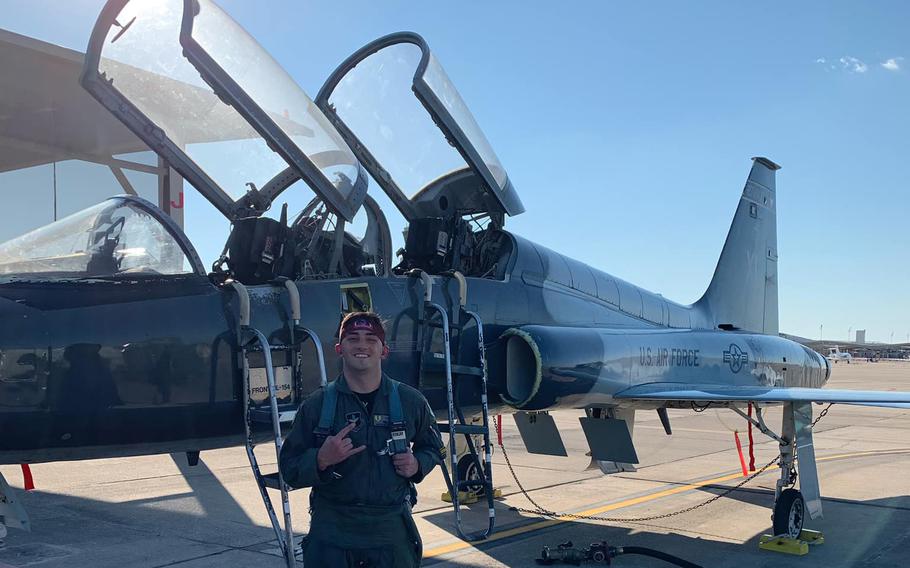 Second Lt. Anthony D. Wentz poses in front of a plan on his LinkedIn profile photo.