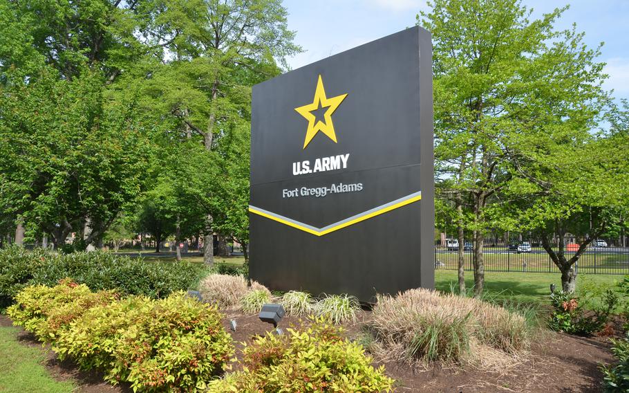 A new gate sign at Fort Gregg-Adams, Va. Fort Lee was renamed Fort Gregg-Adams on Thursday, April 27, 2023, in honor of Lt. Gen. Arthur Gregg and Lt. Col. Charity Adams, two Black Army officers who helped pave the way for an integrated military. 