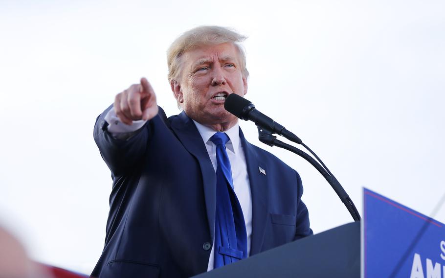 Former President Donald Trump speaks at a rally at the Delaware County Fairgrounds, Saturday, April 23, 2022, in Delaware, Ohio, to endorse Republican candidates ahead of the Ohio primary on May 3. 