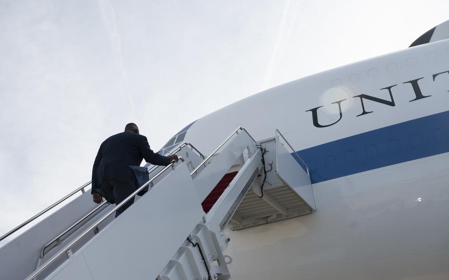 Defense Secretary Lloyd Austin boards an E-4B aircraft for Hawaii, Joint Base Andrews, Md., on March 13, 2021.