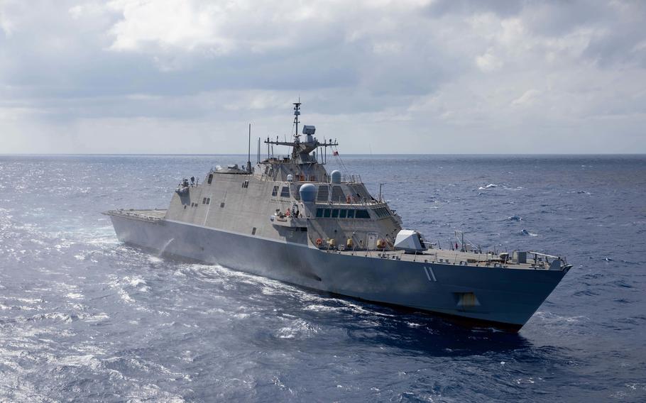 The Freedom-variant littoral combat ship USS Sioux City transits the Caribbean Sea, April 10, 2021. The Navy said it relieved Cmdr. Bradford Tonder, the ship's Gold crew commanding officer, on Feb. 11 due to a loss of confidence in his ability to perform his duties.
