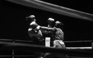 Vilseck, Germany, Mar. 17, 2018: Calvin Collins, fighting out of Grafenwoehr, lands a jab on Vilseck's Jonathon Martinez, during the U.S. Army Garrison Bavaria St. Patrick's Day Boxing Invitational.

META TAGS: Sports; Boxing; match; 

