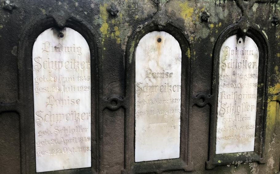 Memorial stones dating back to 1906 rest in the wall along Mannheimerstrasse at the main cemetery in Kaiserslautern, Germany, on Oct. 2, 2022.