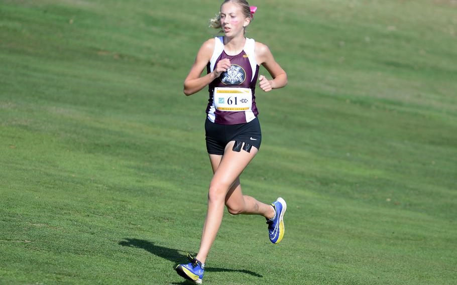 Girls overall and Division II winner Jane Williams of Matthew C. Perry heads for the finish of the Far East cross country meet race.