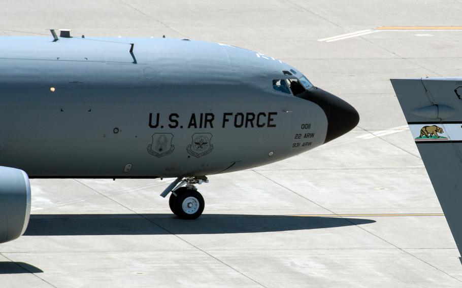 A KC-135 Stratotanker with the 22nd Air Refueling Wing at McConnell Air Force Base, Kan., arrives at Travis Air Force Base, Calif., May 18, 2017. 