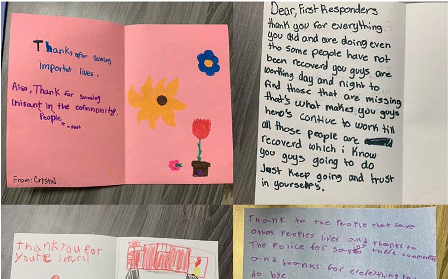 Cards written by children for search-and-rescue workers in Surfside, Fla., following the deadly condominium collapse. Kids across the state and beyond have crafted nearly 500 notes, all of which are being hand-delivered to first responders. 