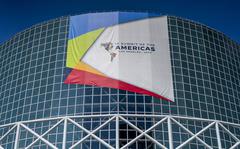 Signage outside the LA Convention Center for the Summit of the Americas in Los Angeles on June 7, 2022. 