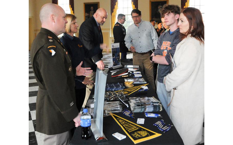 Army service academy and ROTC representatives speak with students and parents about the benefits of combining higher education with uniformed service during the Army Opportunity Day hosted March 22, 2022, at the Valley Forge Military College in Wayne, Pa.
