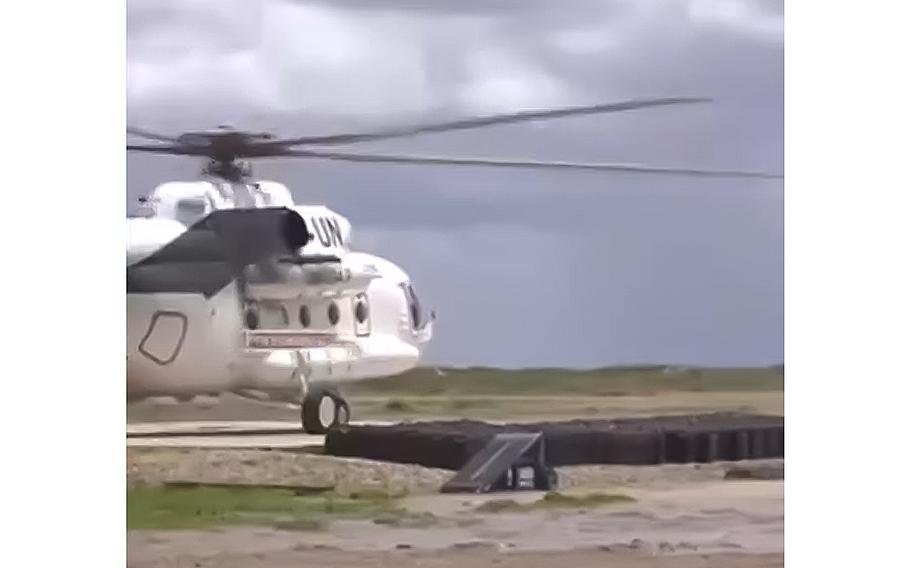 A video screen grab shows a U.N. helicopter sitting at a Somalian landing zone as seen in an October 2023 post.