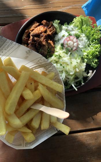 Fries and the grill-cooked gyros at Kunst Cafe at Vogelwoog Park in Kaiserslautern, Germany, on July 8, 2022.